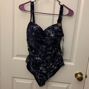 NWT Nip Tuck one piece swimsuit navy + silver flower outline, size US 10/AUS 14